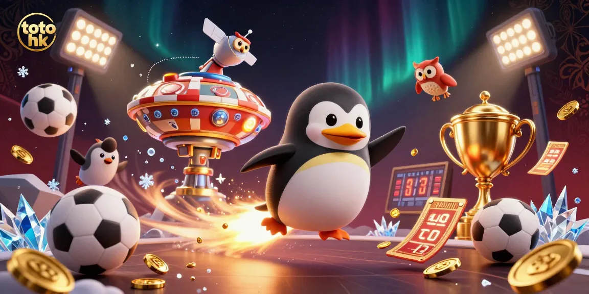 Menang besar di toto hk dengan penguin emas roket mengelilingi kasino galaksi, dikelilingi bola olahraga.