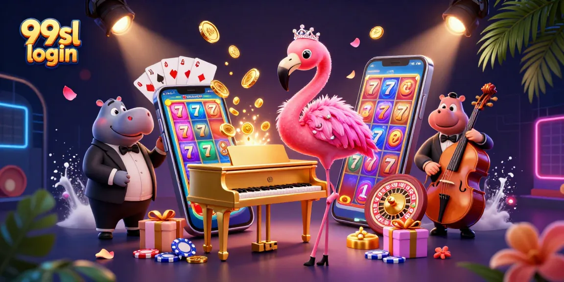 Win big with 99sl login, featuring flamingo singer and colorful slot games set in a vibrant casino scene.