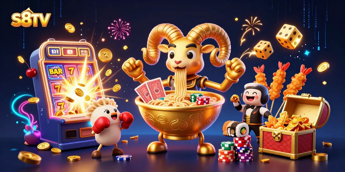 S8TV offers thrilling casino experiences with a vibrant golden ramen bowl character dealing cards among spectacular jackpots and prizes.