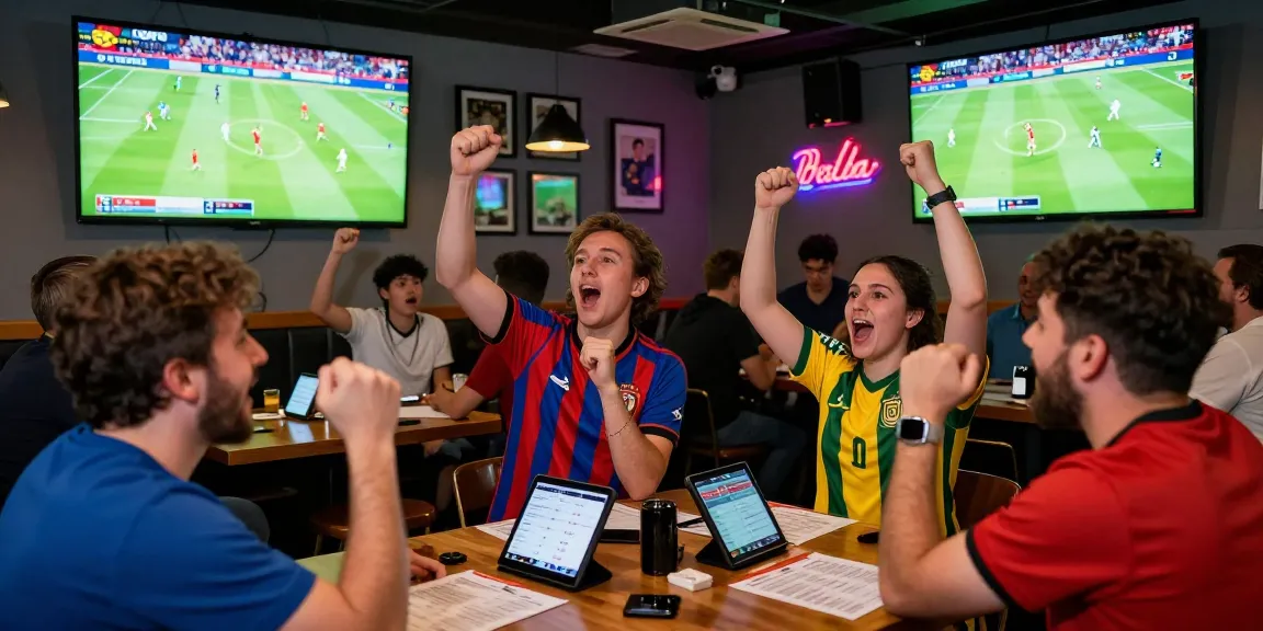 Fans celebrating while placing link bola bets during a live football match in a vibrant sports bar.