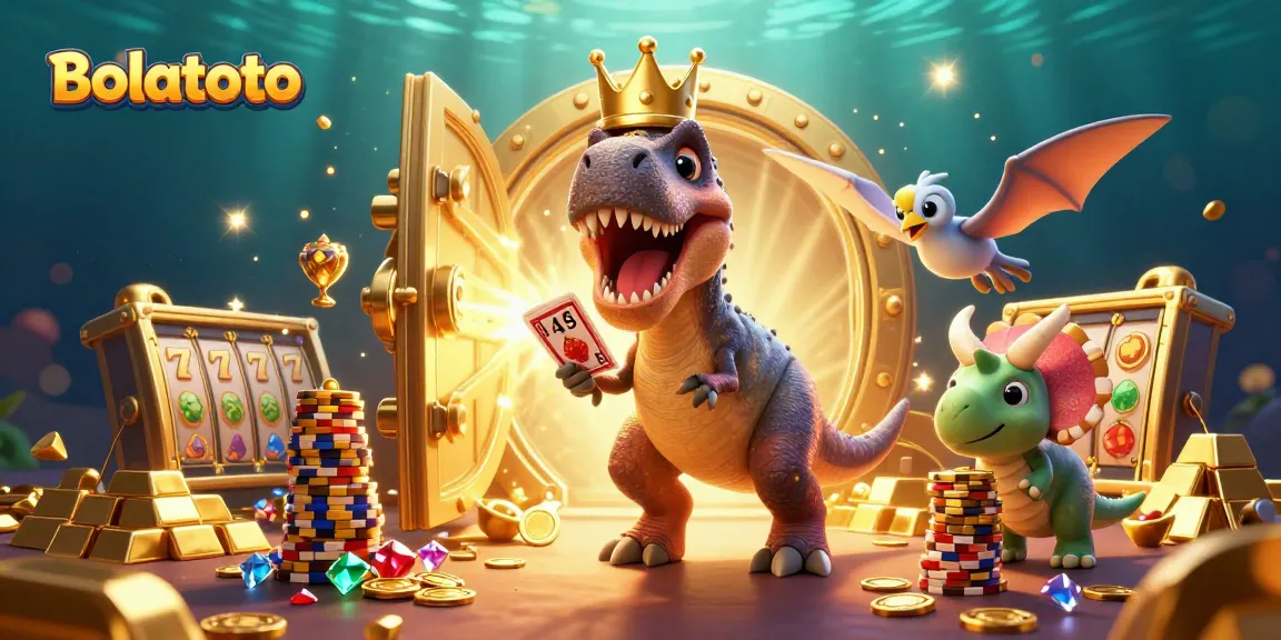 Engage in exciting gameplay at Bolatoto with a friendly T-Rex and vibrant casino elements.