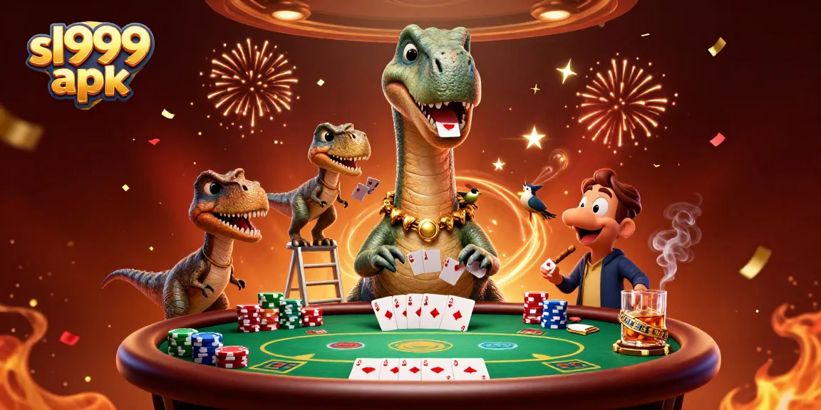 Experience the excitement of sl999 apk with a 3D dinosaur and raptor in a vibrant casino setting.
