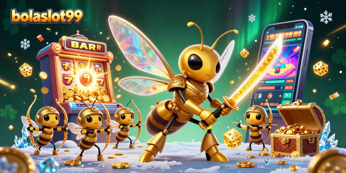 Experience excitement with bolaslot99 as a golden hornet warrior amidst a dynamic casino scene.