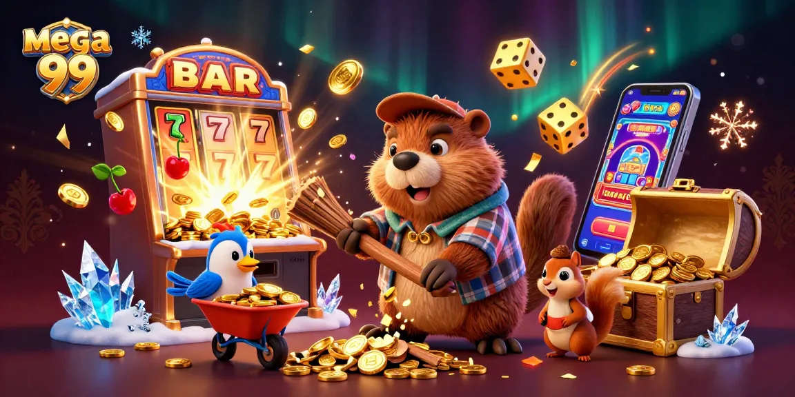 Spin and win at mega 99 with the jackpot-filled beaver and friends among coins and treasures.